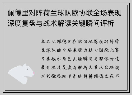 佩德里对阵荷兰球队欧协联全场表现深度复盘与战术解读关键瞬间评析 佩德里对阵荷兰球队欧协联全场表现深度复盘与战术解读关键瞬间评析