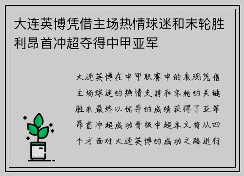 大连英博凭借主场热情球迷和末轮胜利昂首冲超夺得中甲亚军 大连英博凭借主场热情球迷和末轮胜利昂首冲超夺得中甲亚军